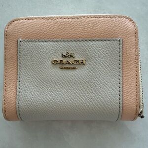 Coach pink pebbled leather wallet with white & gold accents